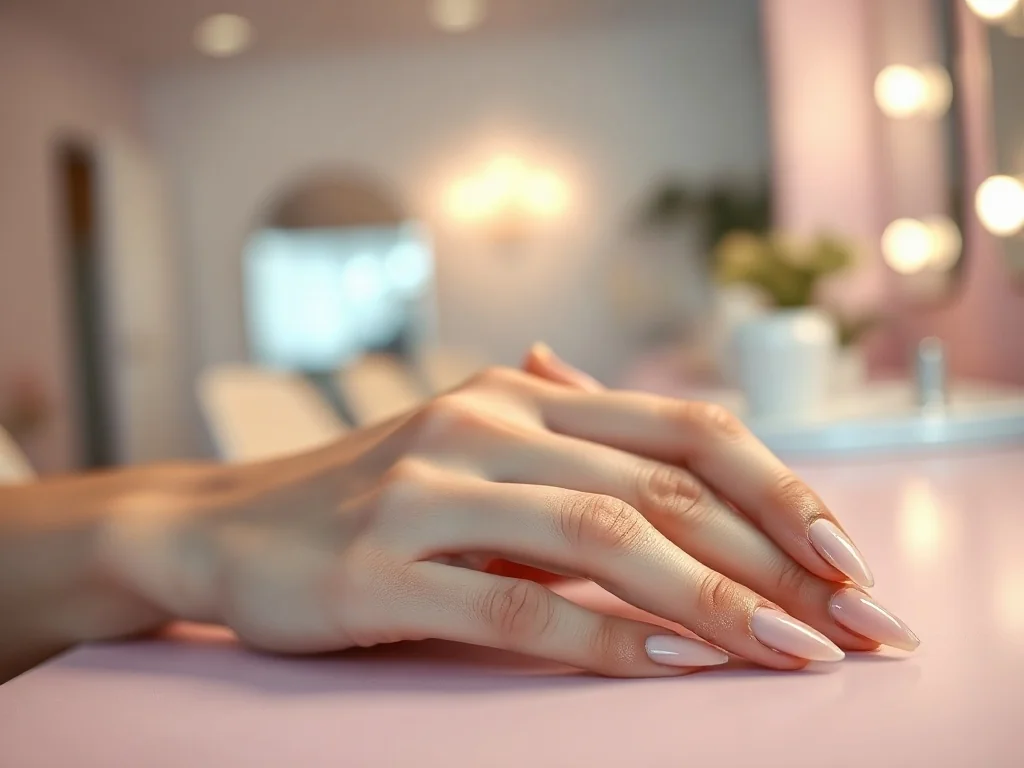Zadbane dłonie z eleganckim manicure żelowym na pastelowym tle w profesjonalnym salonie kosmetycznym.