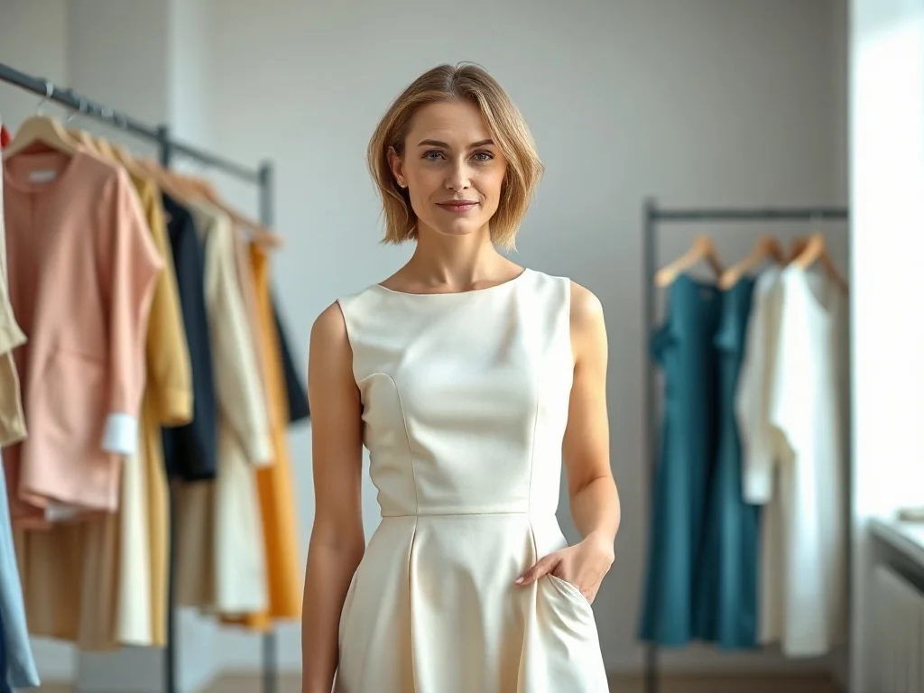Kobieta w eleganckiej sukience o kroju litery A, która optycznie wysmukla sylwetkę i maskuje brzuszek.