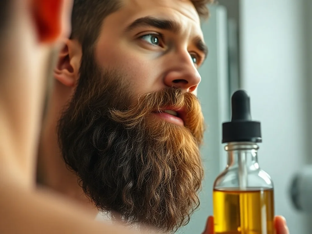 Zadbany mężczyzna z gęstą brodą przeglądający się w lustrze obok profesjonalnego serum do pielęgnacji zarostu.