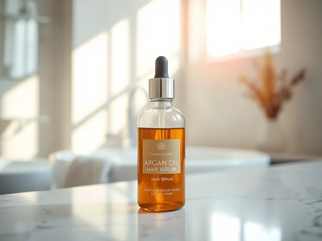 Luksusowe serum do włosów Nashi Argan w szklanej butelce na marmurowym blacie w jasnej, eleganckiej łazience.